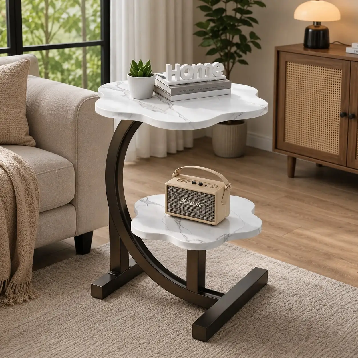 Modern Cloud Side Table With Storage Shelf – Elegant Marble Finish End Table For Living Room, Bedroom & Sofa Side, Space-Saving Accent Table With Sturdy Metal Frame
