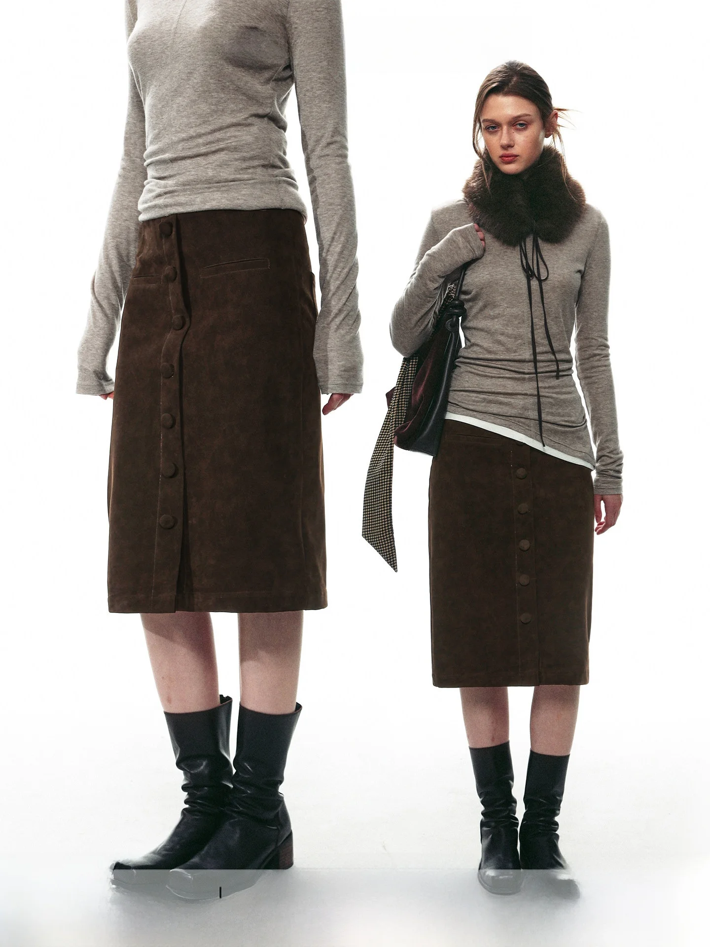 Modern Retro Commute Single Moment 26AW Smooth Suede A-Line  Skirt with Buckle Low Waist Straight Leggings