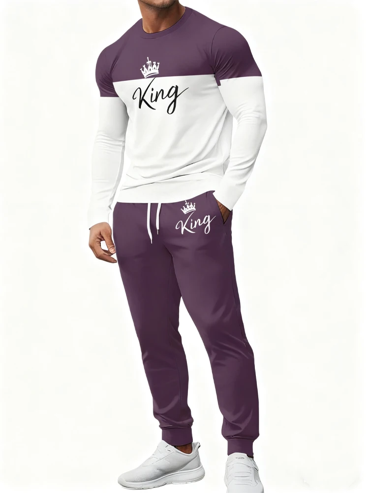 

New Men's Spring And Autumn 2-piece 3D KING Print Sets Men's Everyday Casual Long Sleeve T-shirt And Street Fashion Long Pants