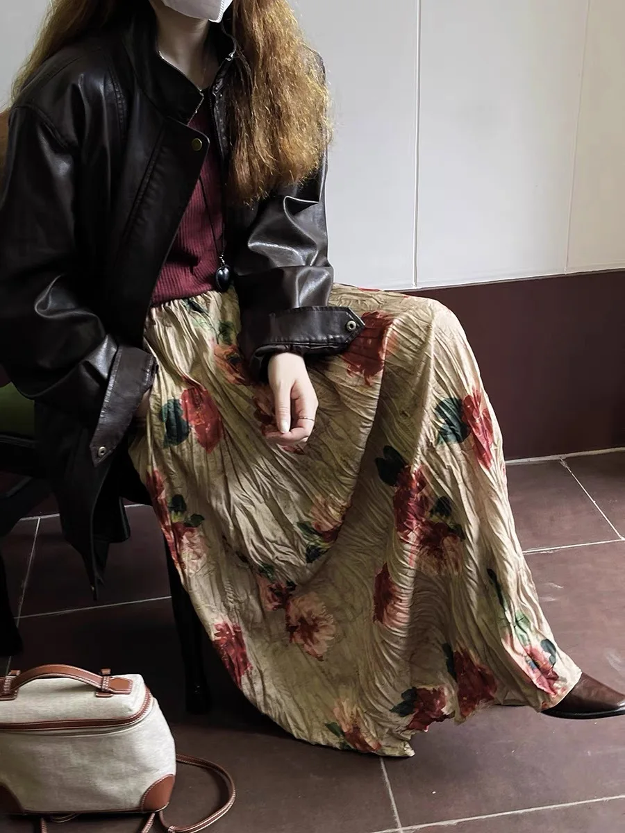 2025 Spring Summer Vintage Rose Print Maxi Skirt - High Waist A-line Crinkle Chiffon Skirt with Floral Gradient & Anti-Static