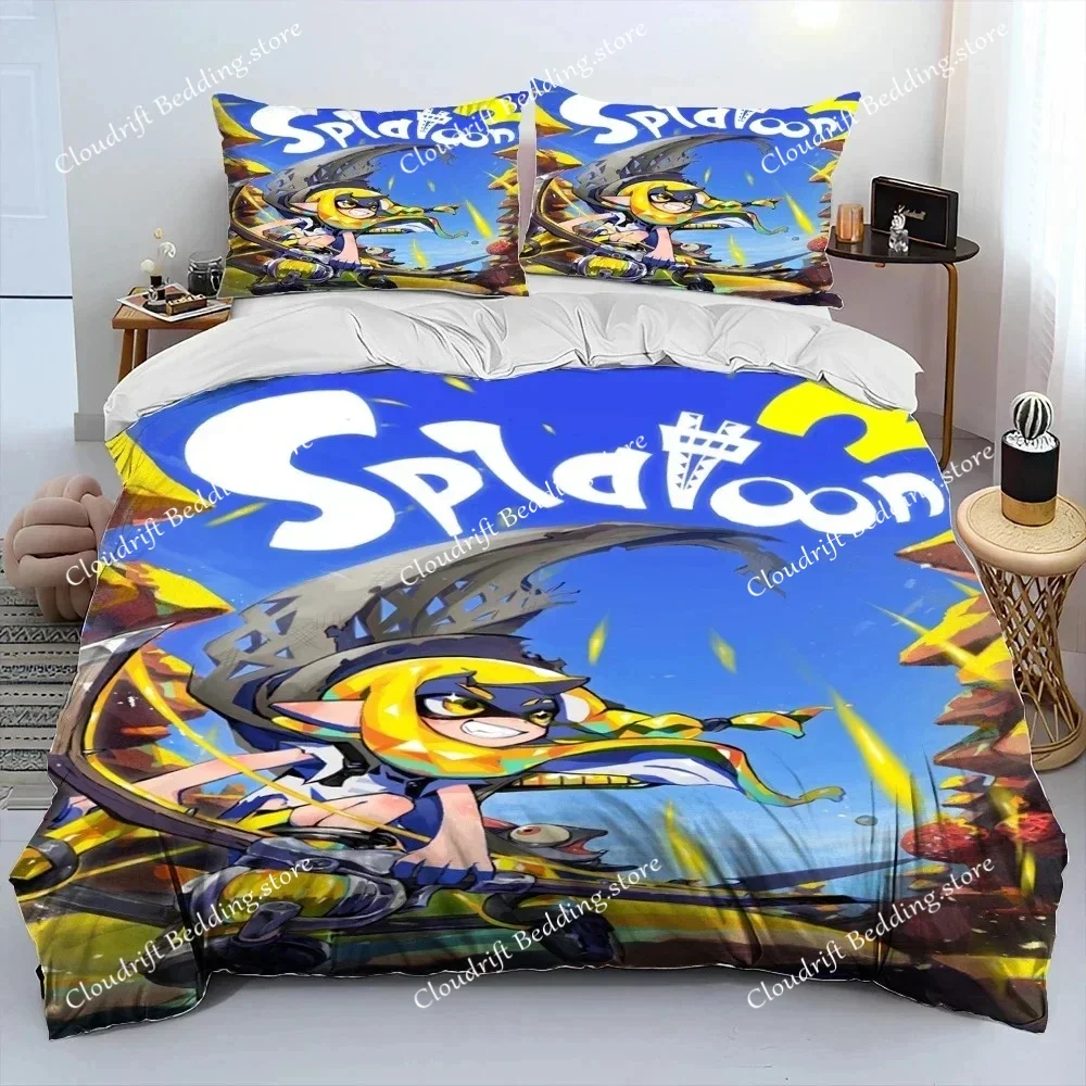 S-Splatoon Game Gamer Cartoon Comforter Bedding Set,Duvet Cover Bed Set Quilt Cover Pillowcase,King Queen Size Bedding Set Boys