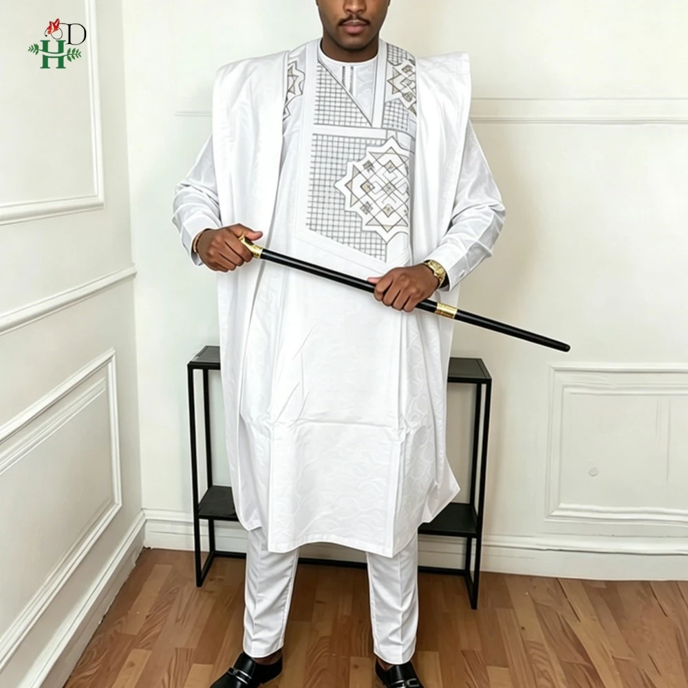 H&D African Clothing Traditional 3PCS Outfit For Man Bazin Riche Agbada Embroidery Wedding Party Plus Size Muslim Men Clothing
