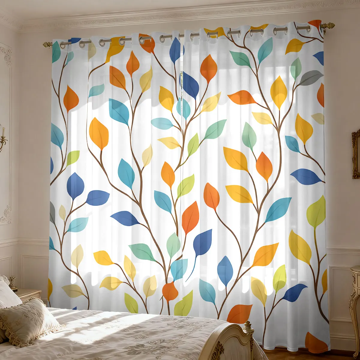 2 pieces colorful leaf branch print curtains  bedroom decoration  shading fashionable home decoration effects