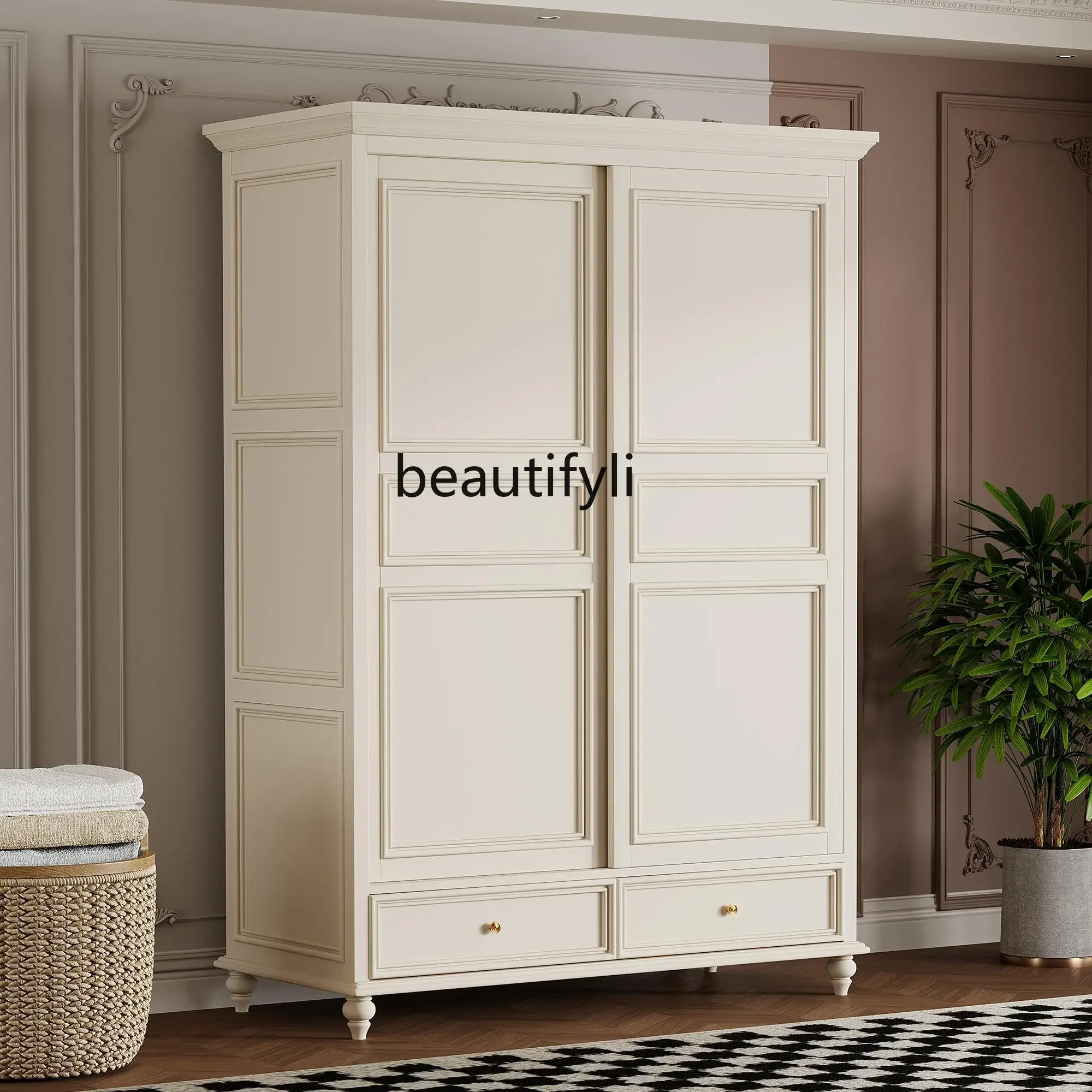 

American sliding wardrobe master bedroom pure solid wood simple rural storage