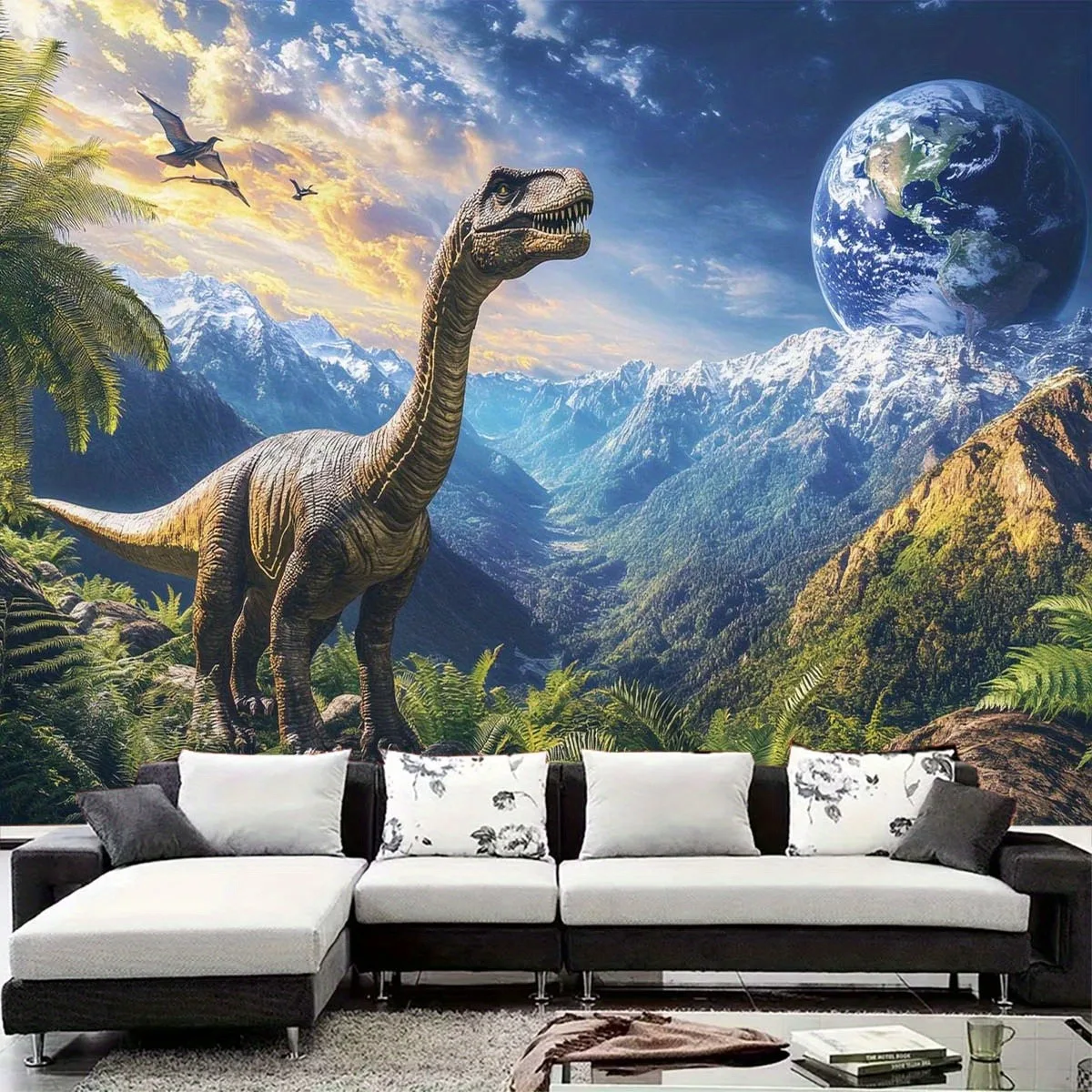 1pc Large 3D Dinosaur Wall Tapestry - Realistic T-Rex & Stegosaurus Design with Volcanoes, Greenery & Planets - Easy Peel & Stic