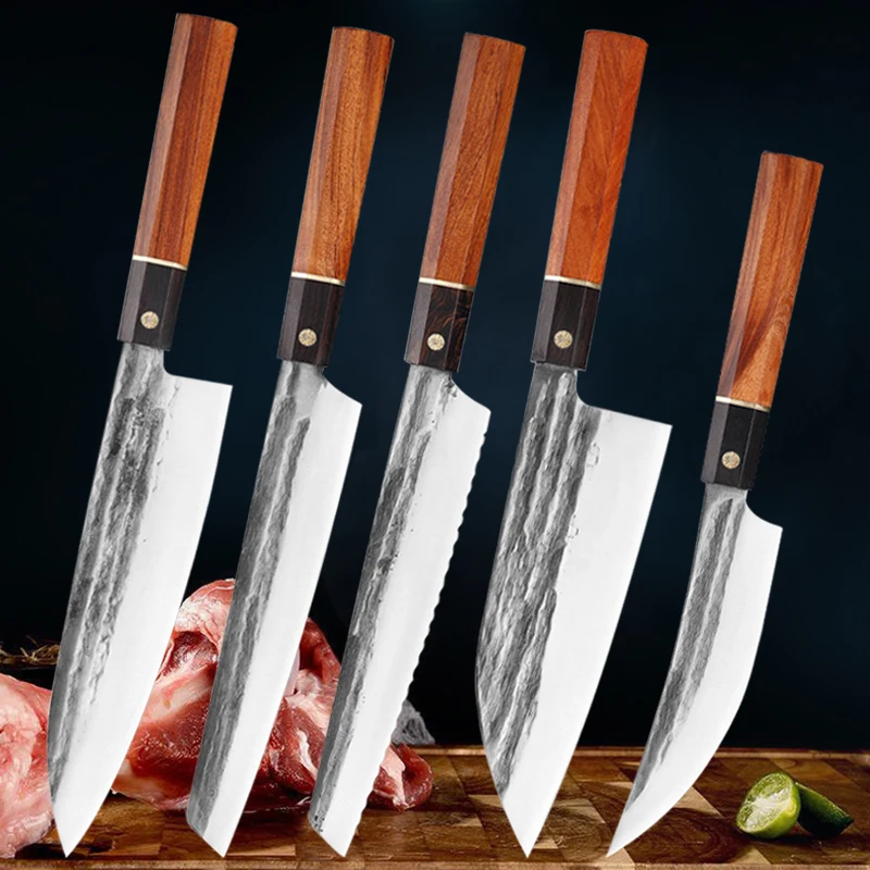 Forged Japanese Chef Knife Sashimi Sushi Knife Meat Cleaver Kitchen Octagonal Handle Butcher Boning Utility Cutting Knives Set