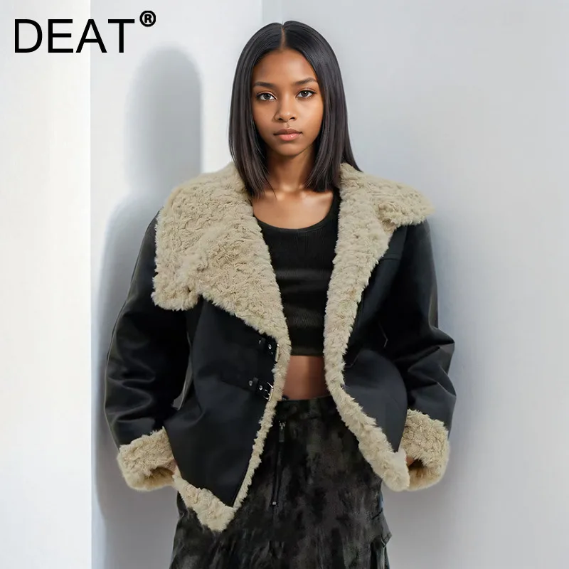 DEAT 2024 Winter New Arrival Trendy PU Leather Contrast Color Jackets For Women Fashion Loose Lamb Wool Coat Female 29L9297