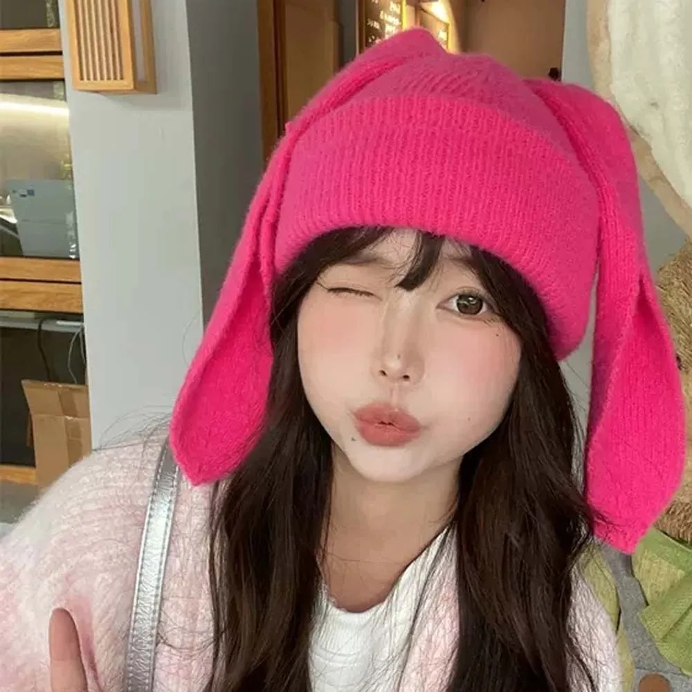 

Индивидуальная эластичная пуловерная кепка с кроликом, модная кепка в корейском стиле с кроличьими ушками, универсальная однотонная вязаная шапка для пары