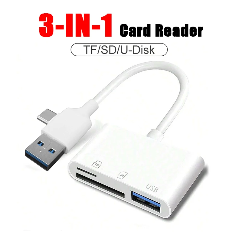 

3-в-1 OTG-кардридер USB A/C к SD/TF/USB-адаптеру для iPhone 16/15, ПК, ноутбука, Samsung Xiaomi, высокоскоростная передача данных