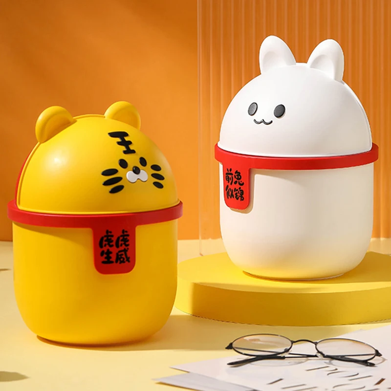 2023 Rabbit Tiger Kawaii Trash Can Mini Garbage Storage Bin Portable Desktop Trash Can Home Table Waste Basket Creative Cartoon