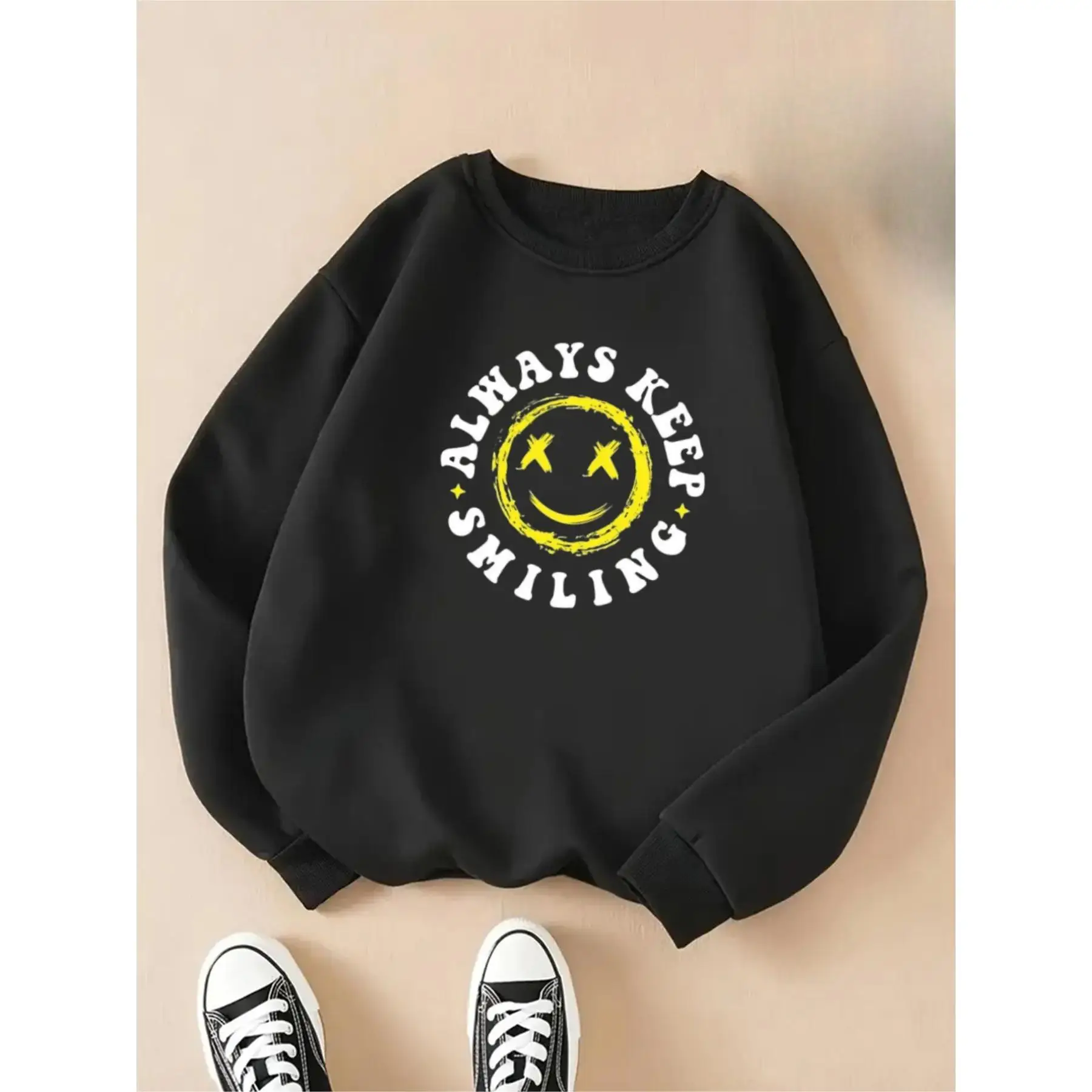 

Always Keep Smiling Sweatshirt Women's Aesthetic Graphic Crewneck Pullover, Fall Winter Positive Vibe Streetwear Top