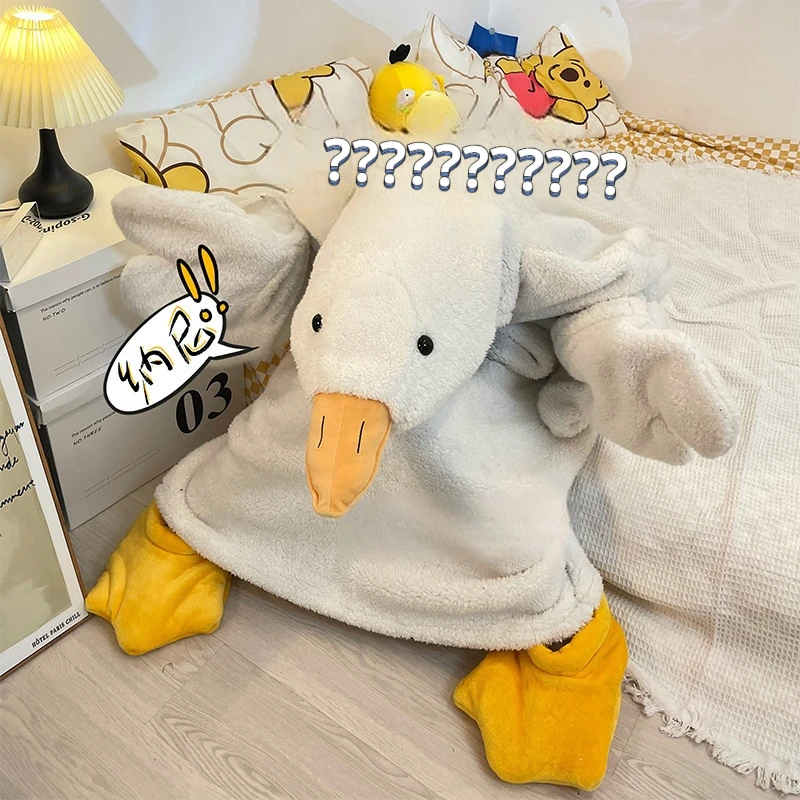 New Thicken Coral Fleece Hooded Robe Big Goose Nightgown Funny Goose Couple Cute Cartoon Sleepwear Cosplay Duck Home Clothes
