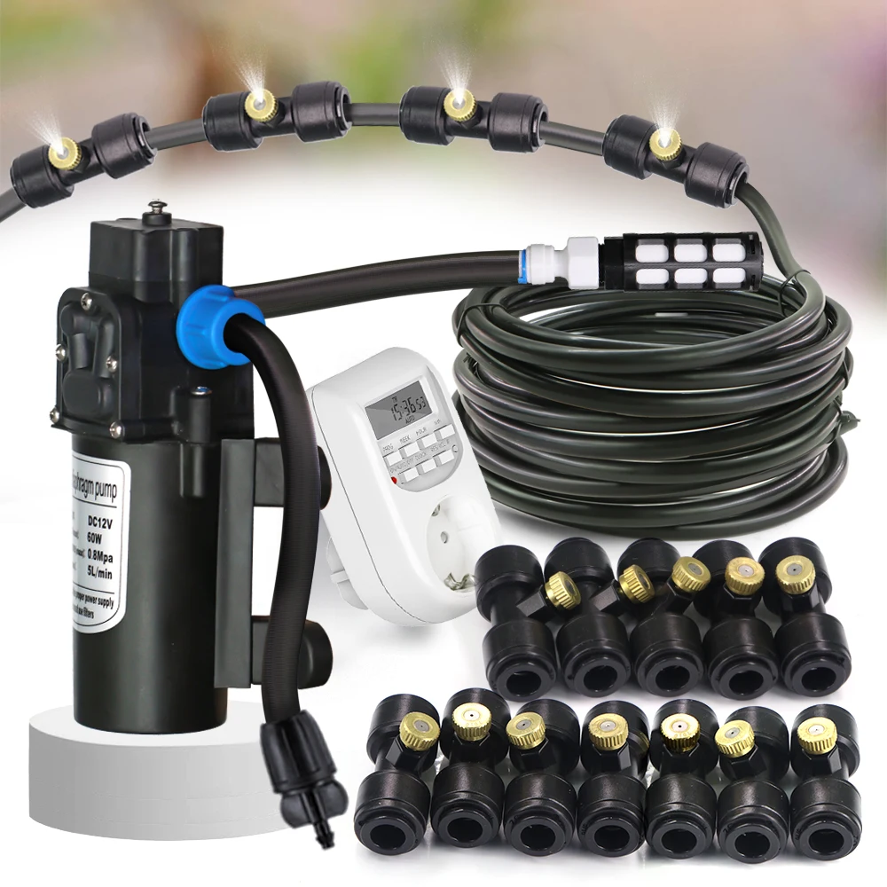 0.7MM Misting Kit 60W Pump Self-priming Watering Cooling System for Garden Patio Irrigation Plants Outdoor Timer Mist Spray Kit