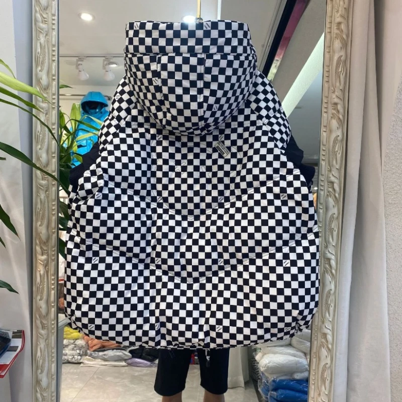 女性用グリーンチェック柄ダウンジャケット,特大ルーズフィットパーカー,白いダックフグコート,厚手の冬服,韓国のファッション,2024
