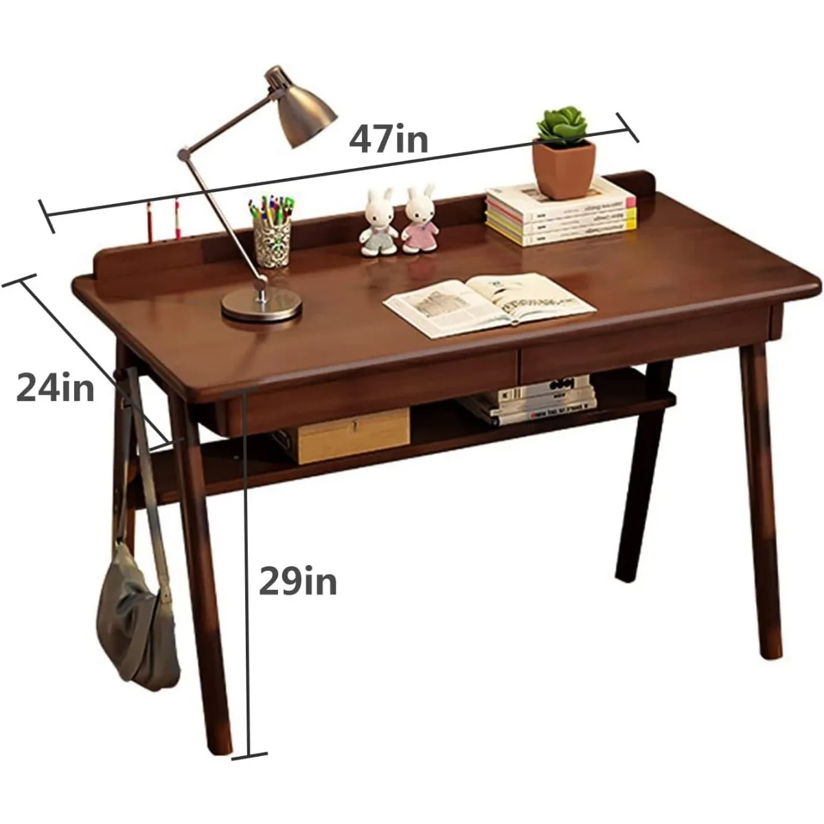 Escritorio de madera maciza para escribir, escritorio de nogal moderno de mediados de siglo, escritorio para computadora de oficina en casa con 2 cajones y estante de almacenamiento, 47"