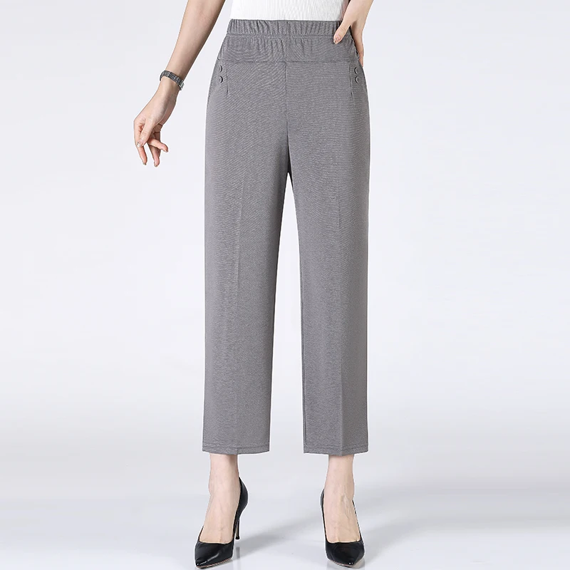 Summer Thin Breathable Elastic Pants 8XL Women's Solid Color High Waisted Loose Casual Pants Middle-aged Elastic straight leg