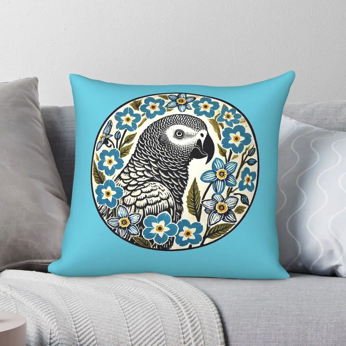 African Grey Parrot Blue Flowers Square Pillowcase Polyester Linen Velvet Printed Decorative Throw Pillow Case Car Cushion Cover