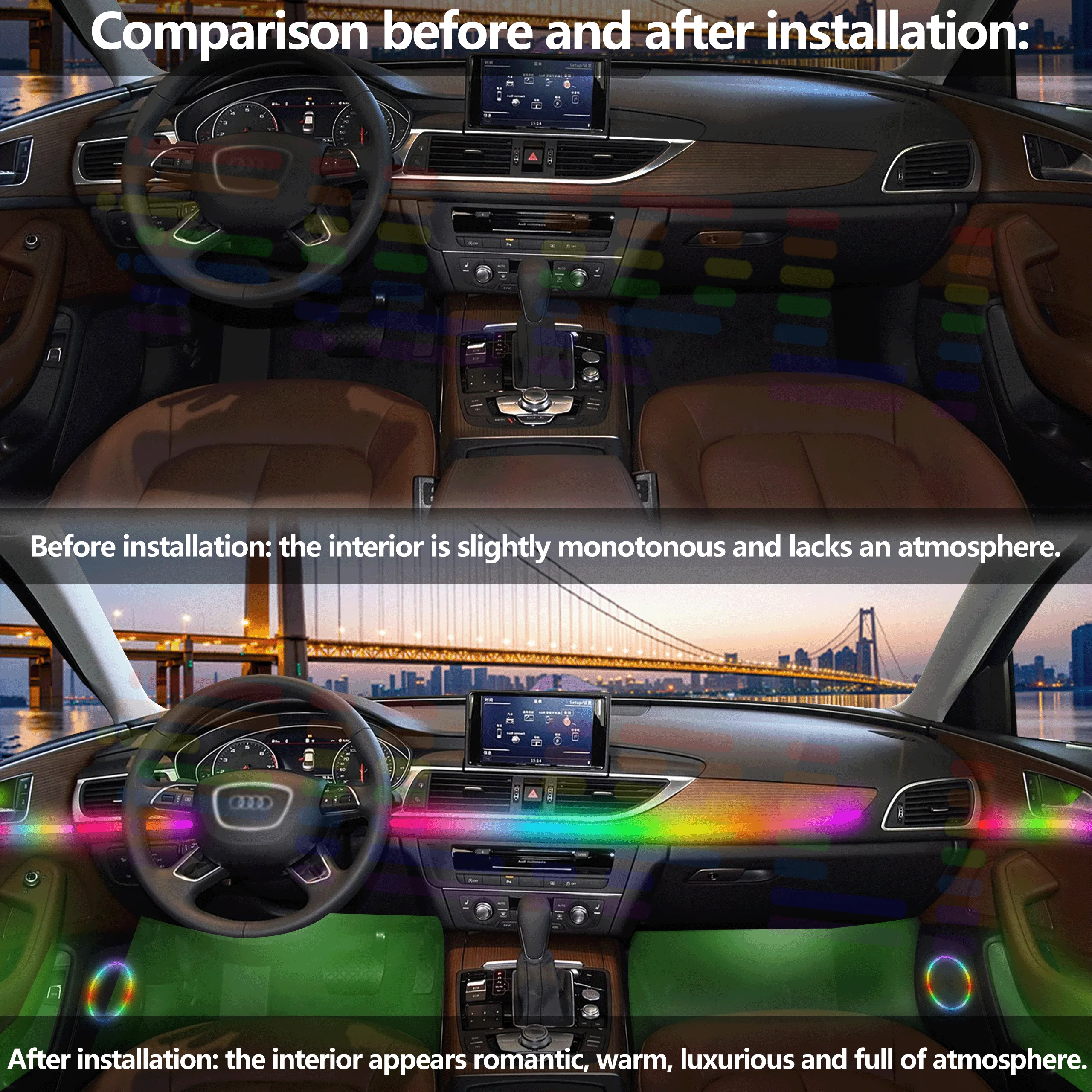 For Hyundai Sonata 9th Generation Interior 64 Colors LED Acrylic Ambient Light Lamp Strip with Dustproof Feature