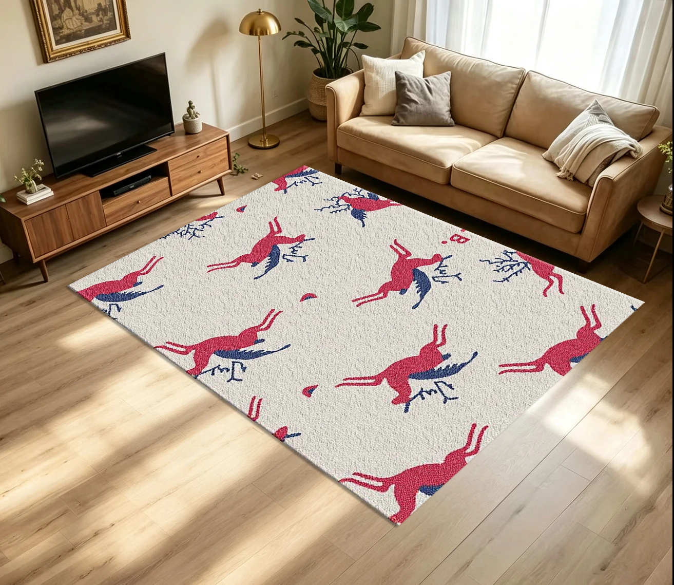 Vintage Red Blue Deer Silhouette Carpet Flooring Retro Animal Repeating Pattern Printed Floor Rug for Household Living Space Home Decoration