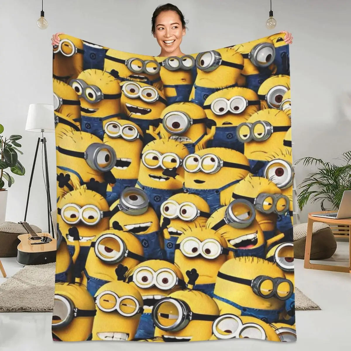 Cute Minions Cartoon Blanket Yellow Big Eyes Super Soft Plush Throw Blanket For Living Room Picnic Flannel Bedspread Bed Cover