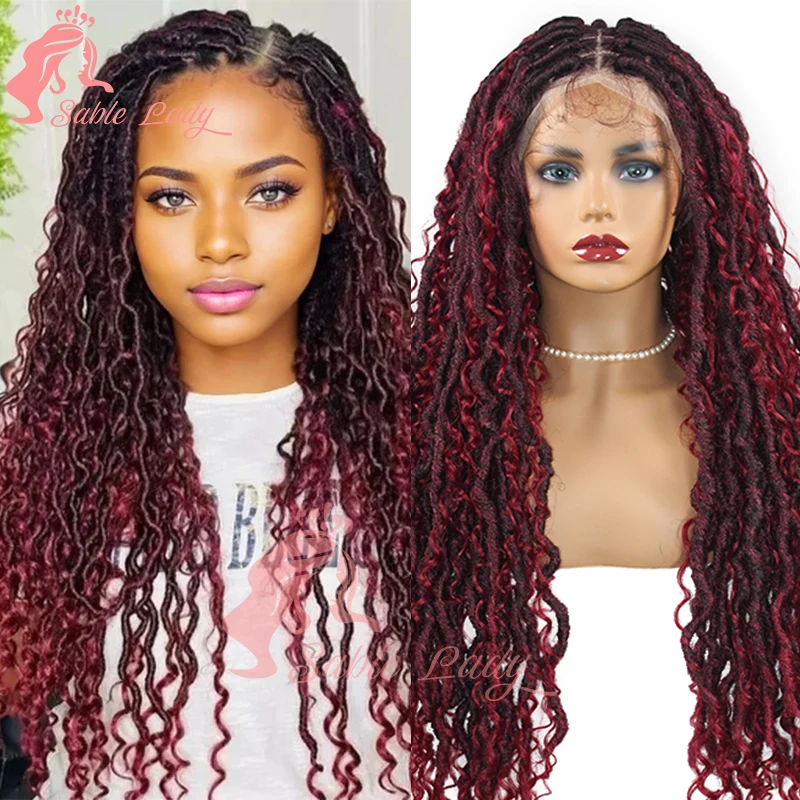 32 Inch Full Lace Synthetic Braids Wig Senegalese Twist Bohemia Braided Wig with Curly End Knotless Ombre Burgundy Box Braid Wig