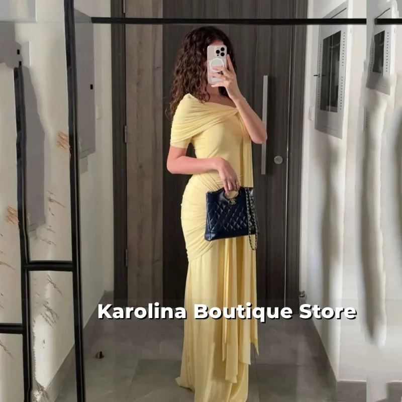 

Blush Yellow Crepe Evening Dress Off The Shoulder Mermaid Formal Occasion Pleat Prom Party Gowns Customized