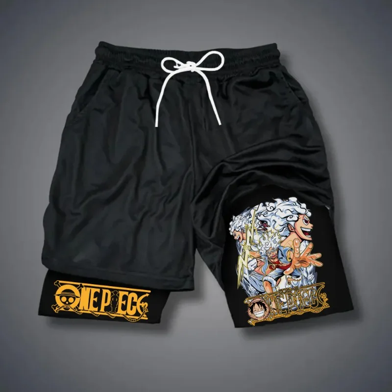 

Цельные повседневные шорты унисекс 2-в-1 с принтом аниме, летние быстросохнущие тренировочные шорты для гимнастики и тренажерного зала с карманом на шнурке