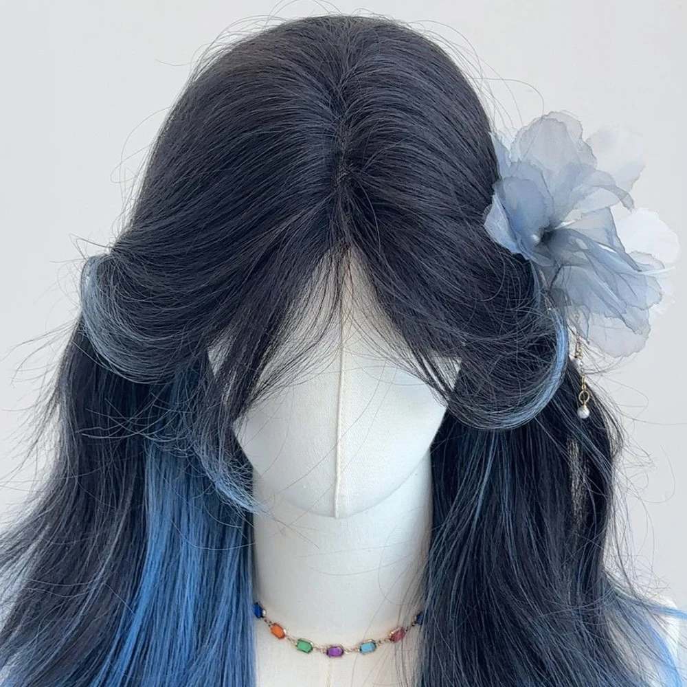 أسود أومبير الأزرق الاصطناعية المرأة شعر مستعار مع الانفجارات طويلة متموجة لوليتا تأثيري شعر مستعار رقيق مقاومة للحرارة للحزب اليومي #5