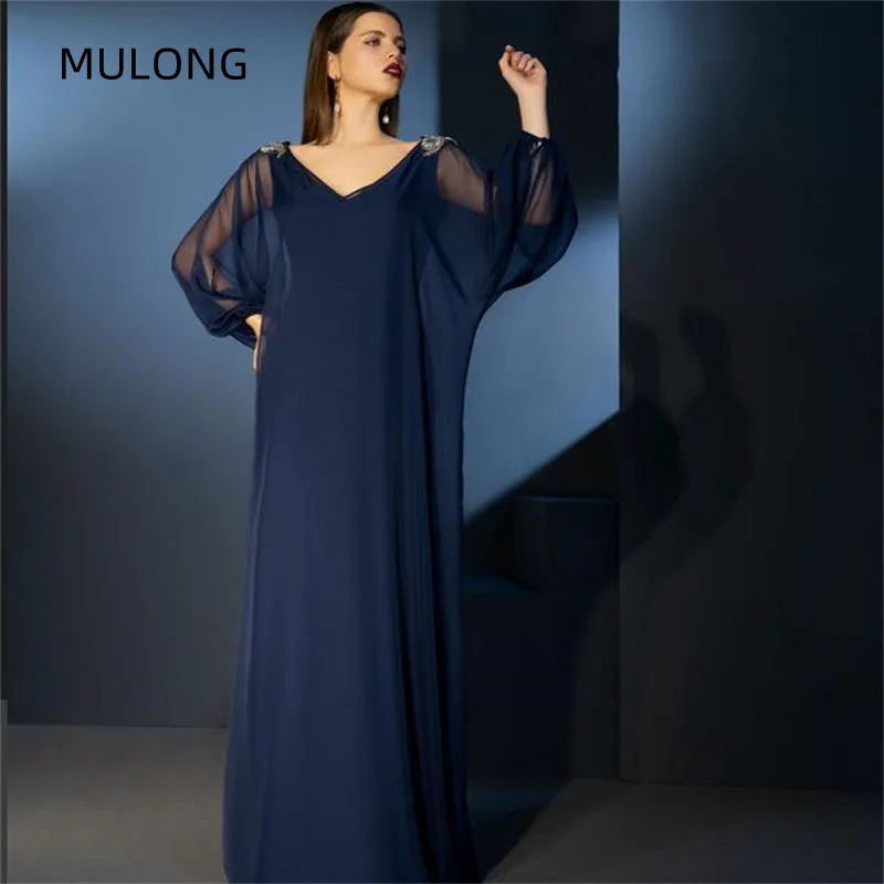 

MULONG Navy Blue Mother Of The Bride Dresses A-line V-neck Full Sleeves Chiffon Saudi Arabia Long Groom Gowns For Weddi