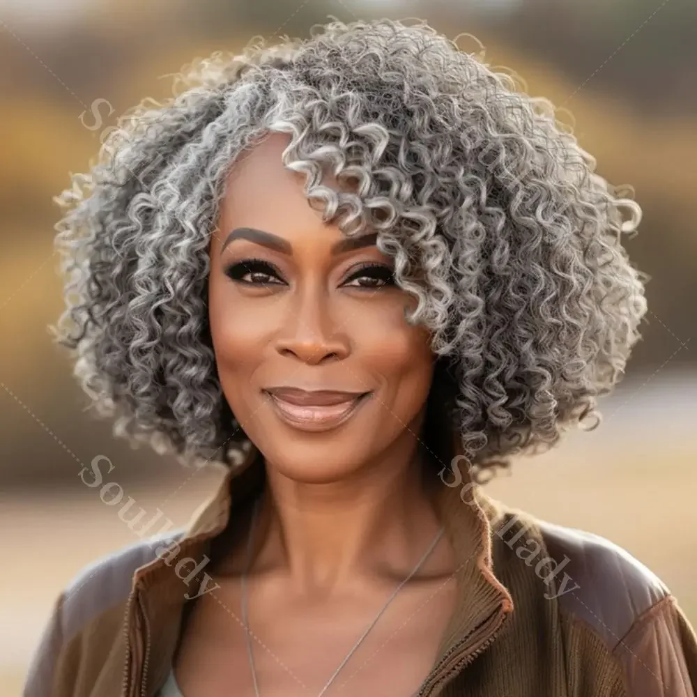 

Wig Secret Seniors Salt And Pepper Jerry Curly Bob Real Human Hair Handmade 5x5 HD Lace Wigs Pre-Cut For Mom