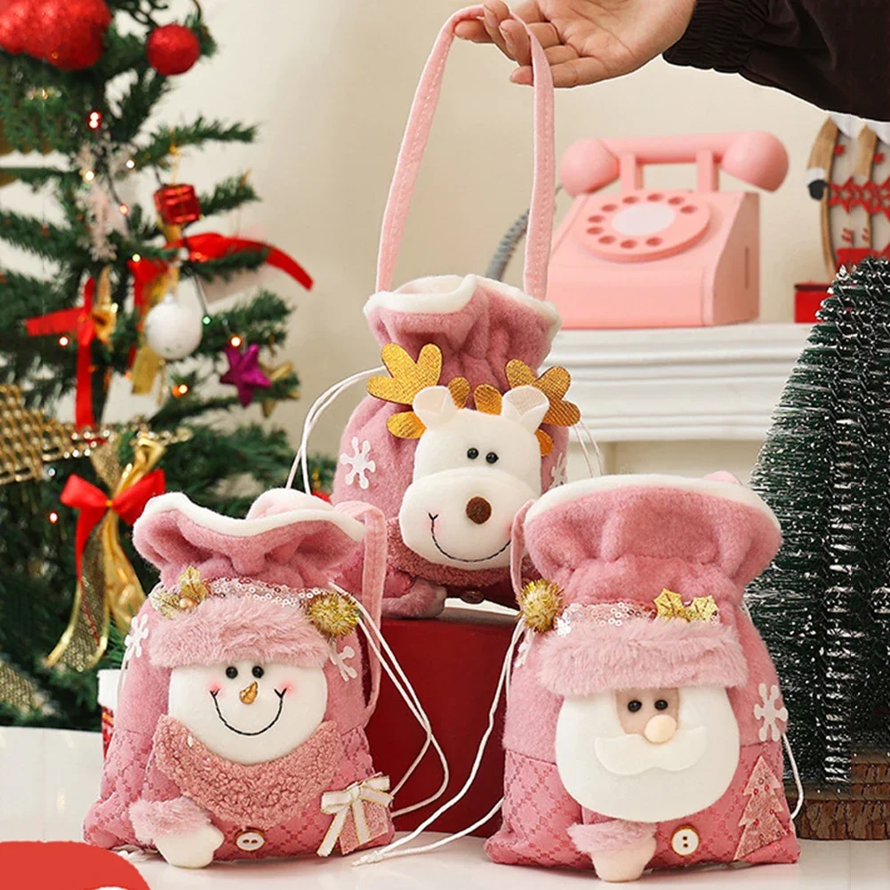 Christmas Candy Bag Santa Claus Deer Snowman Gifts Bags Cartoon Linen Handbag Kids Candy Bag Chritmas Tote Bag Xmas Ornaments