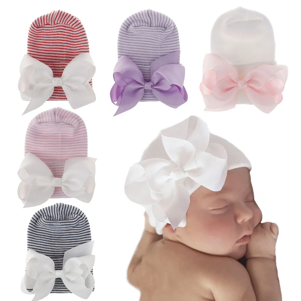 

1set Neweborn Baby Bow Hat Cute Striped 0-3 Month knitted Caps Skullies Beanies Pullover hats spring autumn cute Accessories