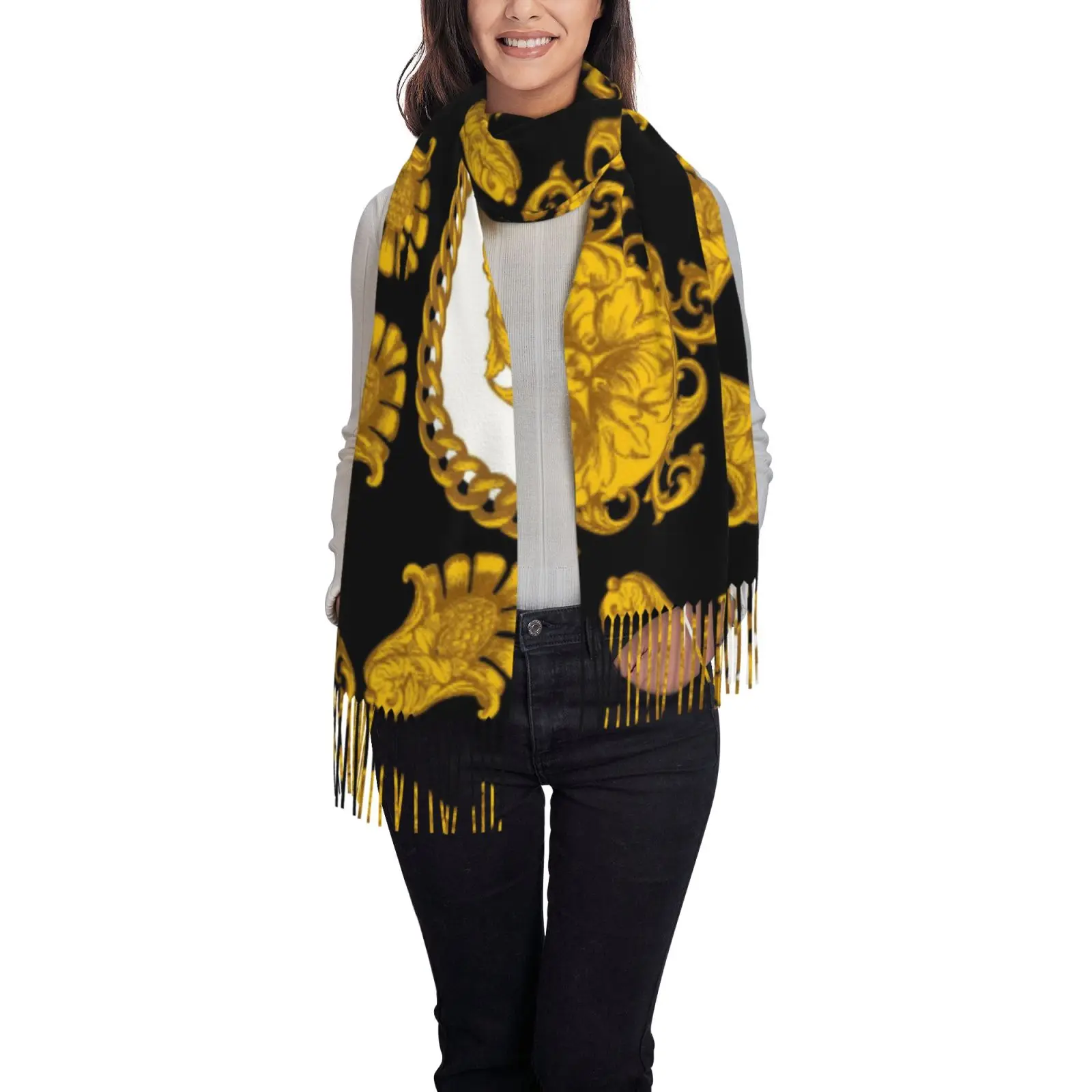 Women Baroque Floral Print Shawl Scarf, Black Gold Tassel Large Wrap, Elegant Ladies Evening Cape Soft Fabric Fashion Scarves