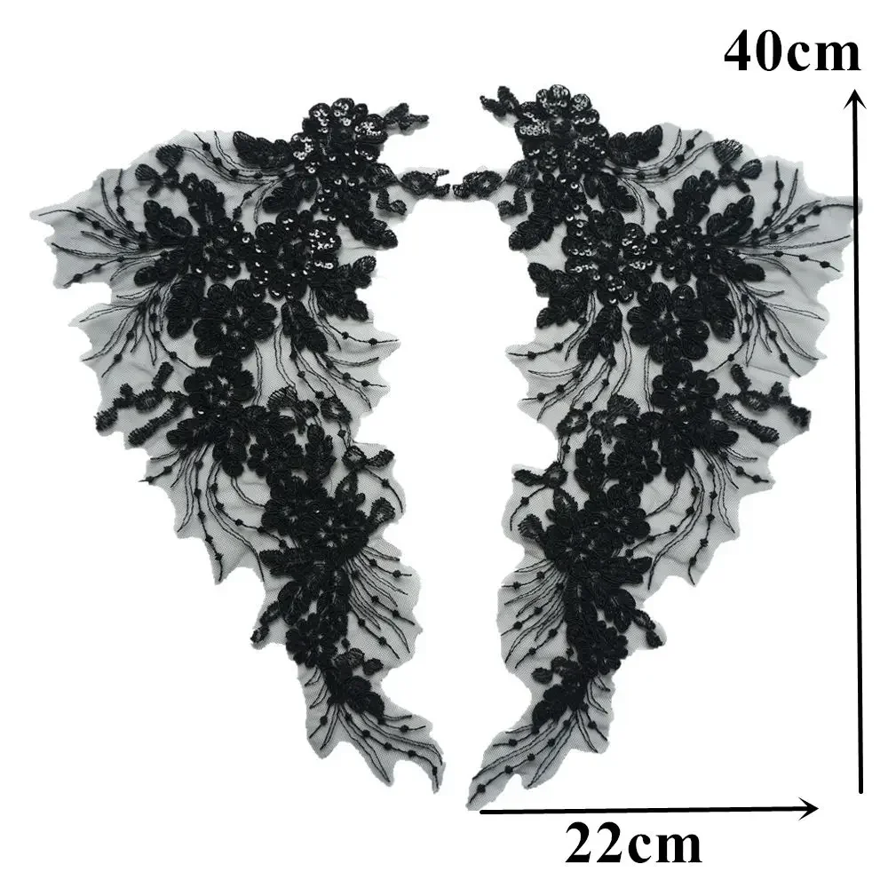 2PCS Black Sequin Flower Tassel Wedding Gown Appliques Lace Fabric Embroidered Trims Collar Mesh Sew Patch For Dress DIY Decor