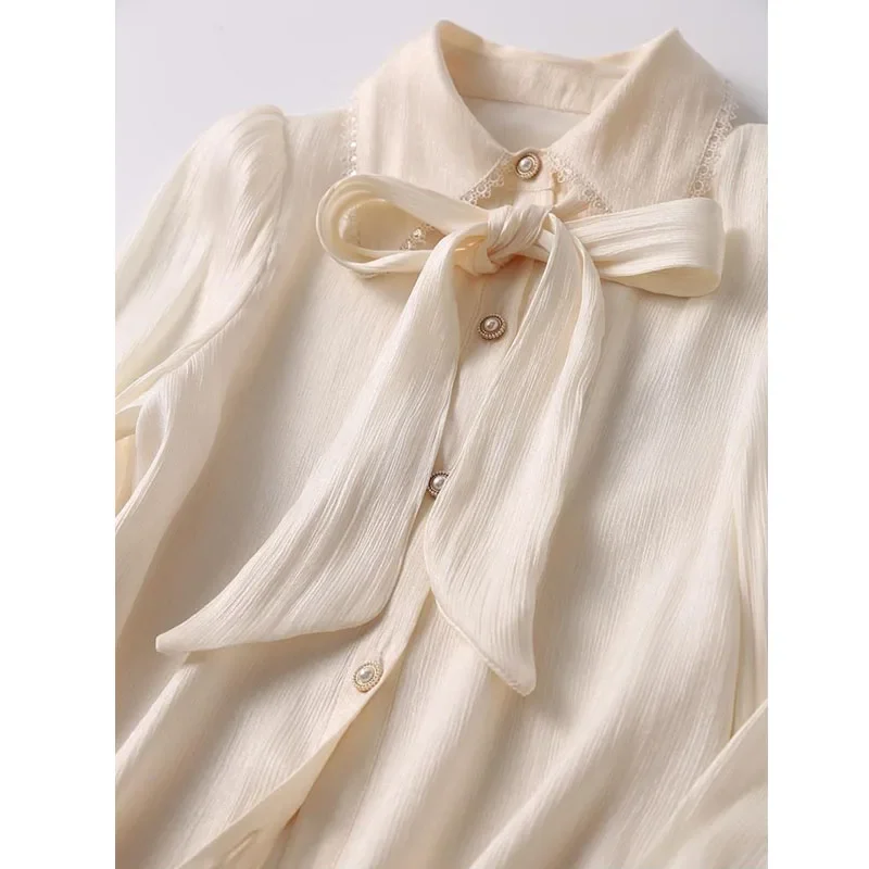 Blusas Mujer De Moda 2024 Vintage Court Style Pleated Flare Sleeve Shirt Women Ribbon Tops Lady Korean Blouses Spring OL