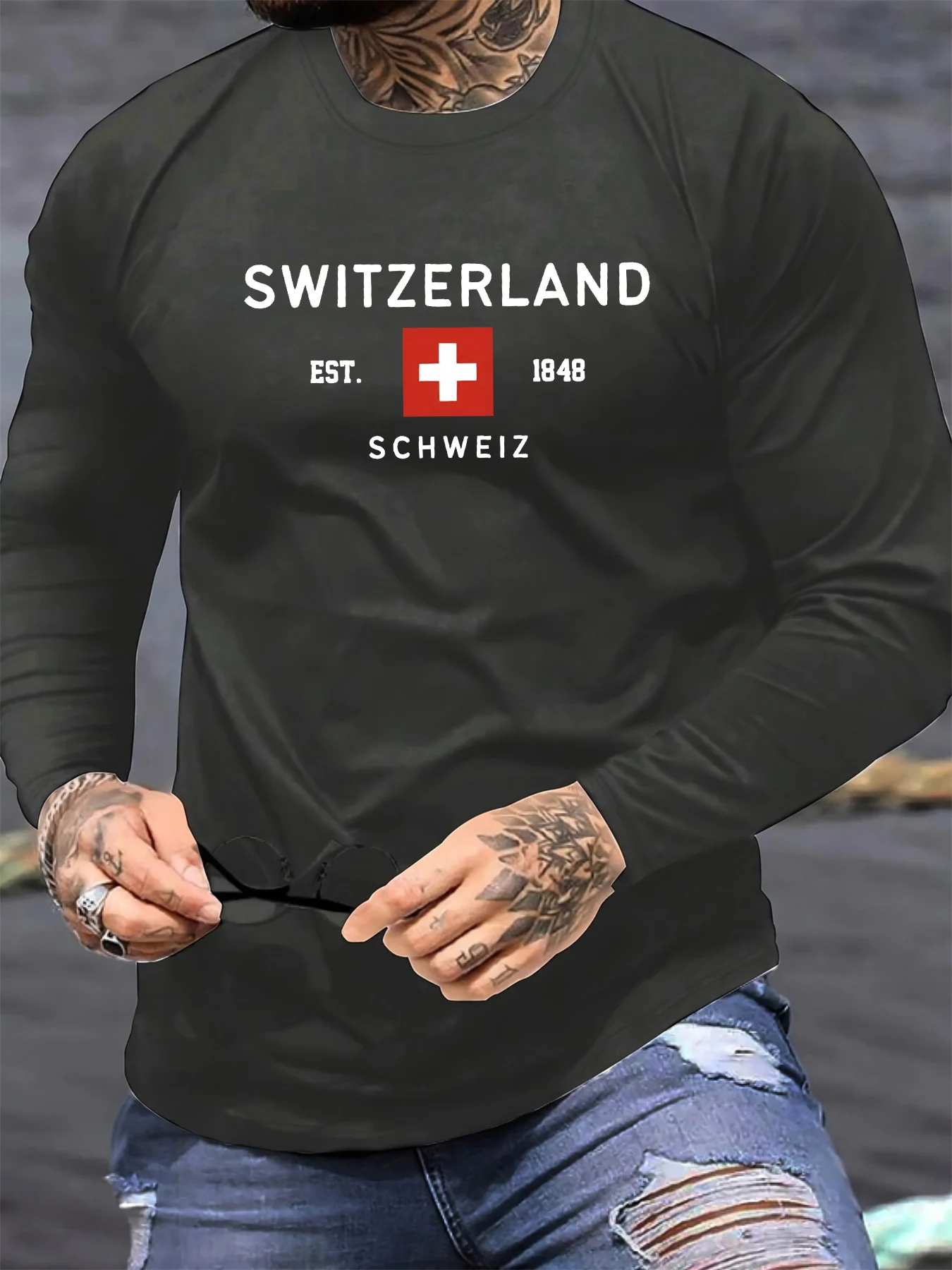 100% Pure Cotton Men's Long Sleeved Round Neck Loose Switzerland Pattern Printed Spring and Autumn Casual Versatile T-Shirt Top gallery 1