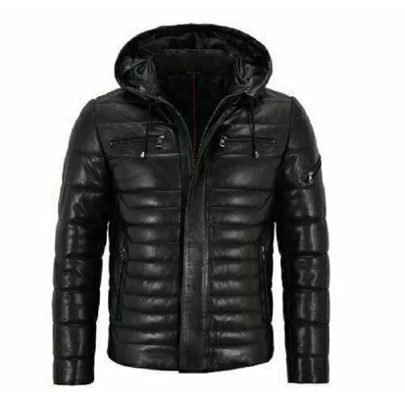 

Men's Genuine Leather 100% Soft Leather Jacket with Hood Black Fully Quilted Jacket European and American Fashion Trend