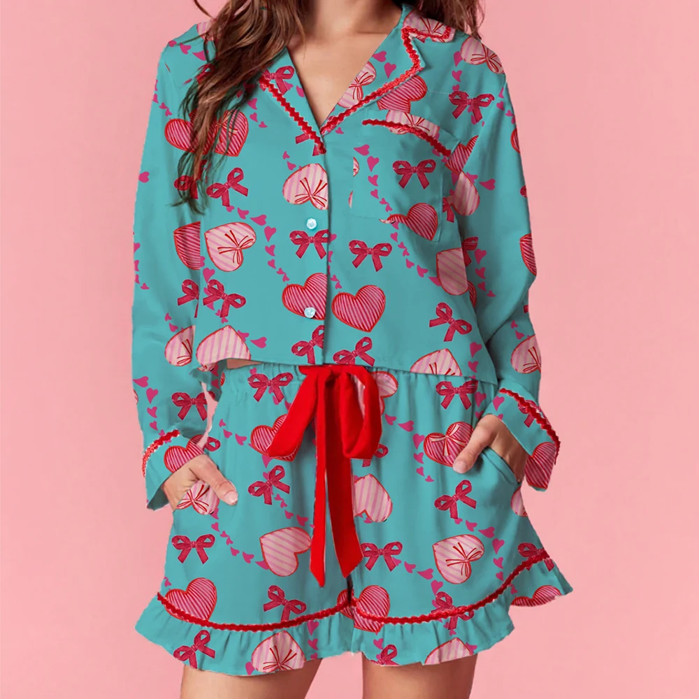 

Womens Valentines Pajamas Sets Love Heart Bow Print Button Down Lapel V Neck Long Sleeve Shirts Tops with Shorts Loungewear