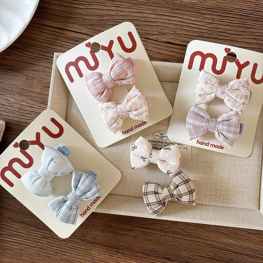 Grampos de cabelo antiderrapantes para meninas, 2 peças de tecido acolchoado com laço lateral, xadrez floral para crianças, cabelo fino e macio