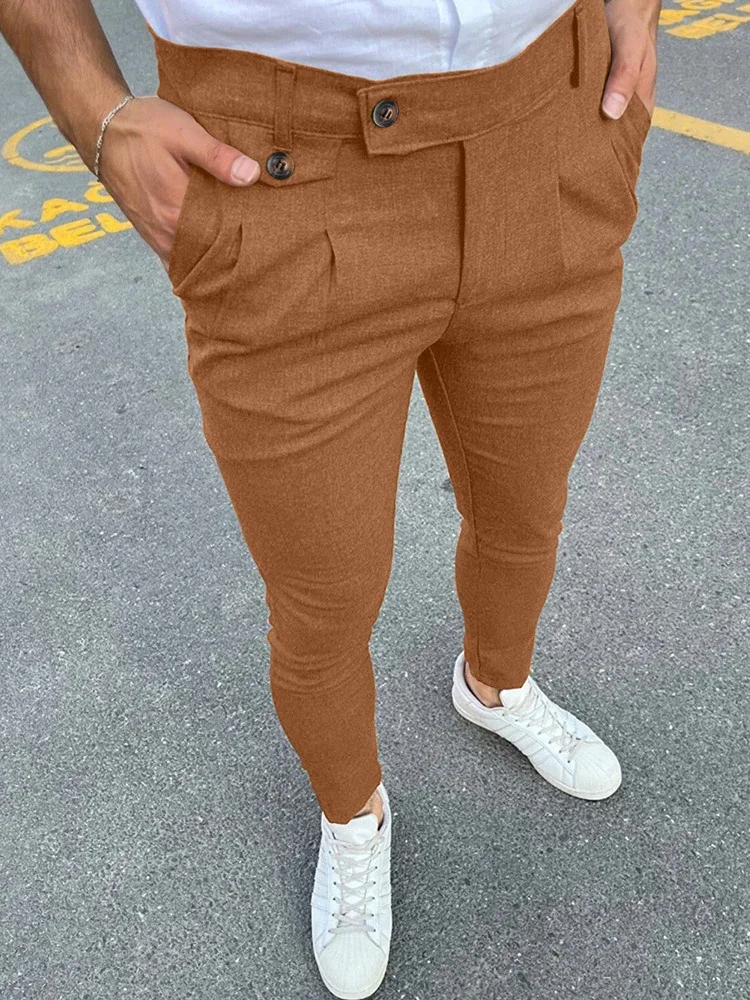 2024 Spring Summer New Casual Suit Trousers Men Vintage Solid Color Slim Pencil Pants Fashion Button Waist Design Mens Trousers