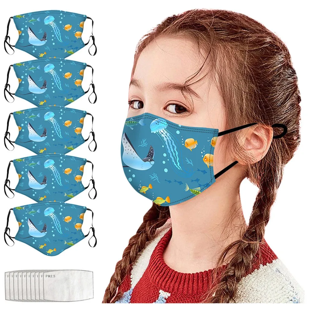 5Pc Masker + 10Pc Filter Kinderen Cartoon Zeevis Print Buiten Beschermend Herbruikbaar Masker Kindvriendelijk Ademend Comfort Masker