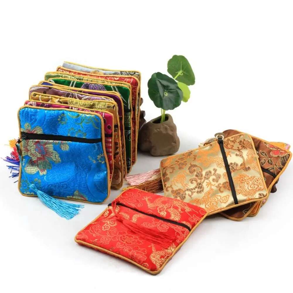 

Tassel Mini Embroidery Canvas Coin Purse Dragon Square Flower Jewelry Packing Bag Copper Cash Pendant Makeup Lipstick Bag