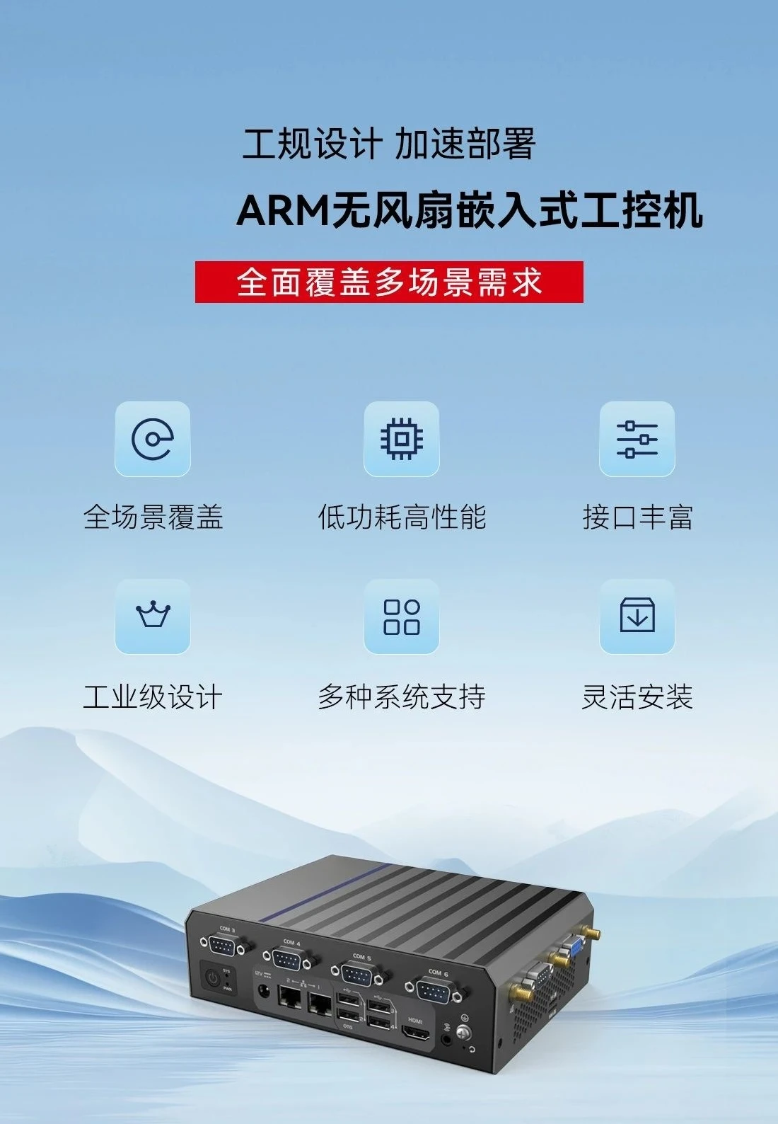ARM fanless embedded industrial computer, standard edge computing box dual 4KEMC performance