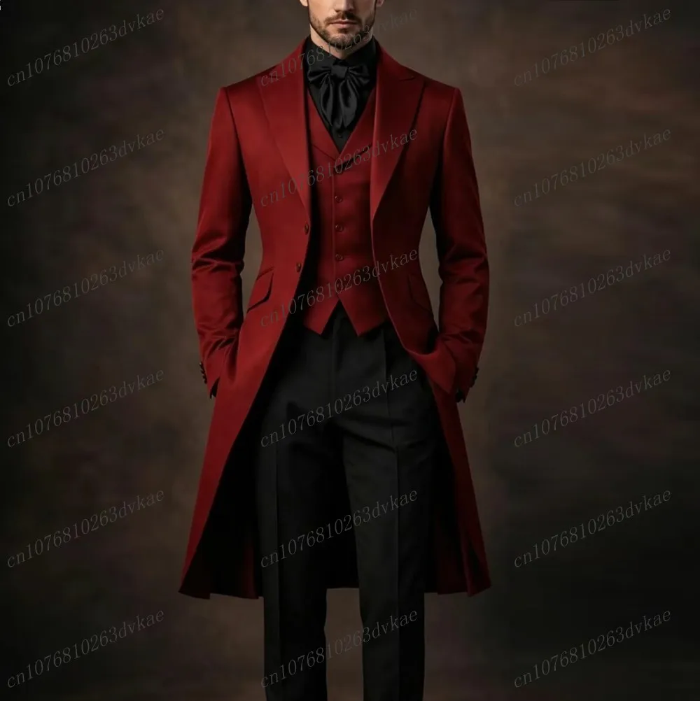 New Dark Red And Black Men Suit Wedding Party Formal Groom Groomsman Prom Business Male Tuxedos 3 Piece Set Jacket Vest Pants