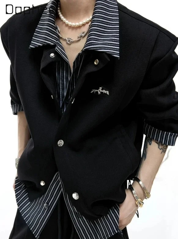 2026 Summer Men's Shirt American Fake Two-piece Splicing Striped Cardigan Shirt Casual Loose Lapel Long-sleeved Thin Coat Men