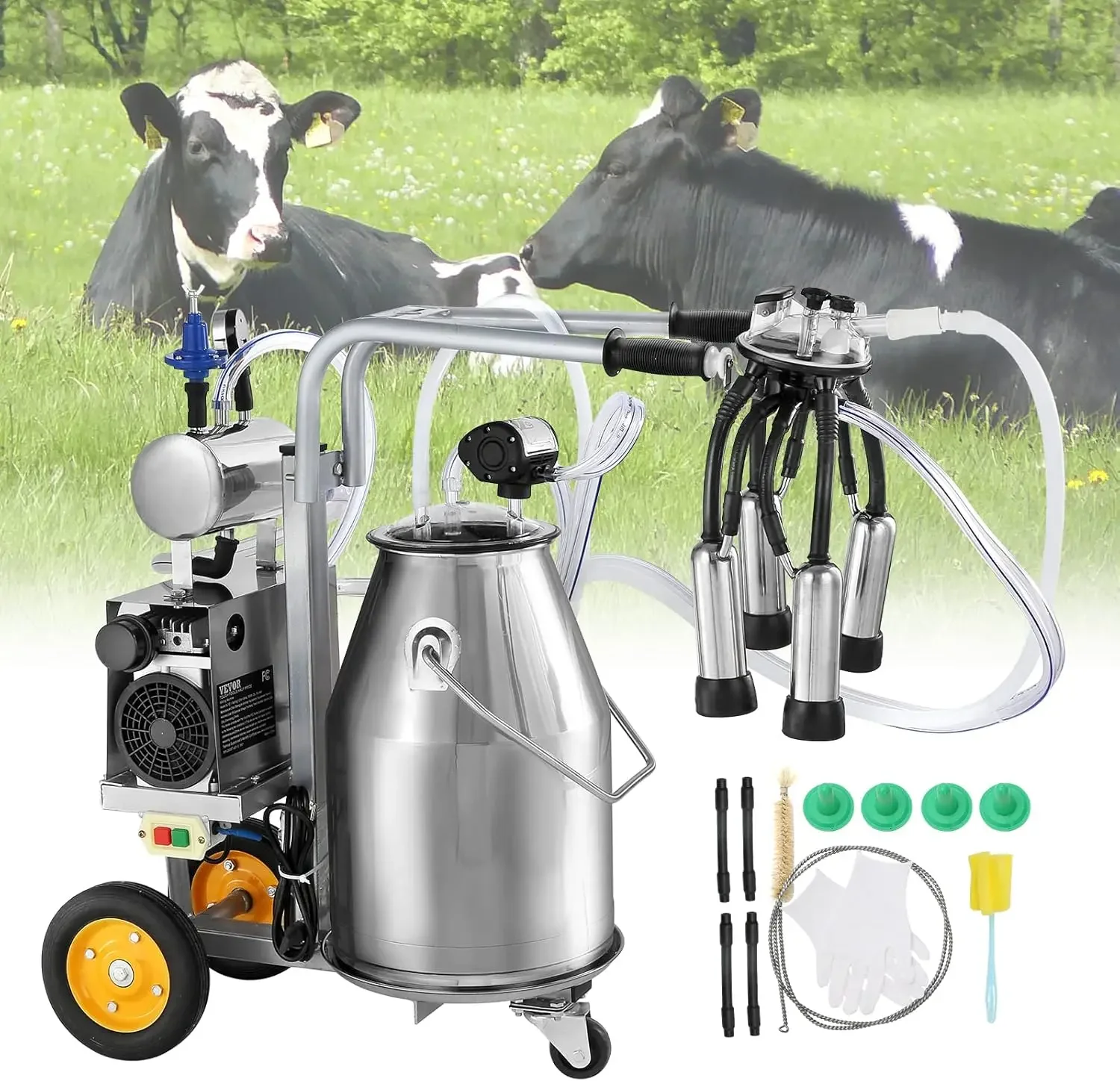 Electric Cow Milking Machine, 6.6 Gal / 25 L 304 Stainless Steel Bucket, Automatic Pulsation Vacuum Milker, Portable Milke