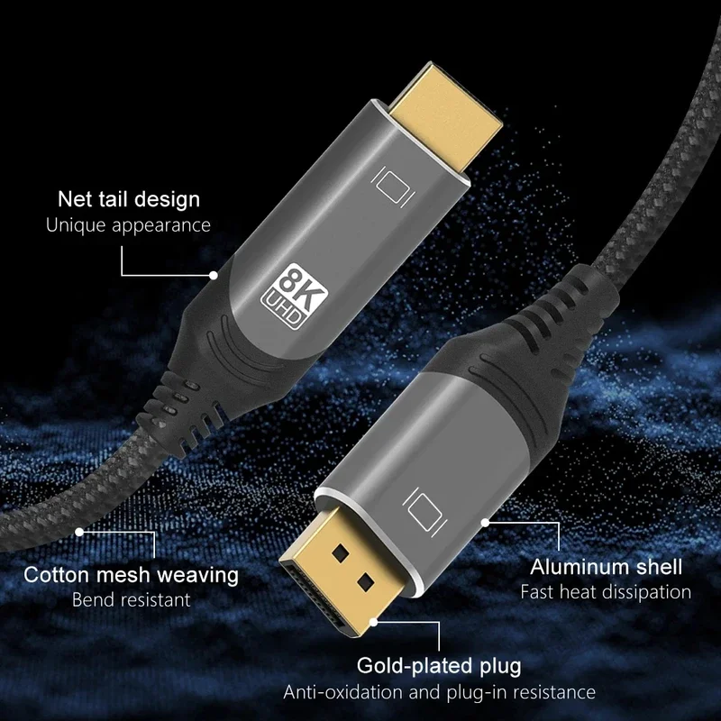 8K Displayport to HDMI Cable DP1.4 to HDMI2.1 Adapter 8K@30H 4K@120Hz 2K@165Hz for HDTV PS4 PS5 PC HP DELL GPU AMD NVIDIA