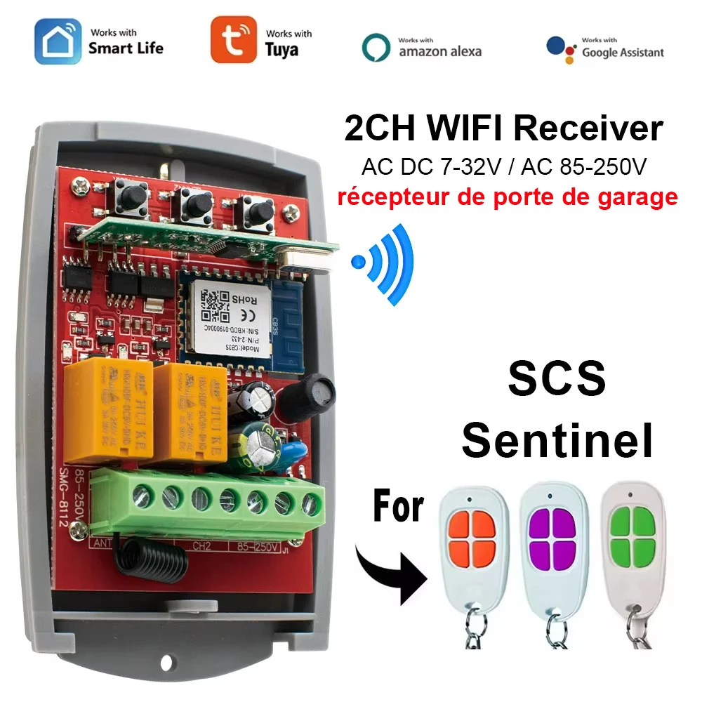 SCS SENTINEL Remote Control 2CH Tuya Smart Garage Door WIFI Gate Opener Controller Receiver Switch 12V 24V 220V Inching Alexa