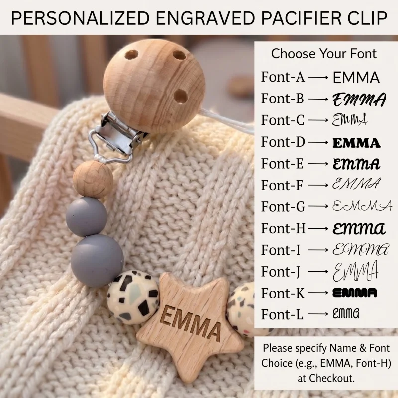 2026 Custom Engraved Name Baby Pacifier Clip Personalized Font Wood Silicone Bead Dummy Chain Teether Pendant Newborn Gift image 3