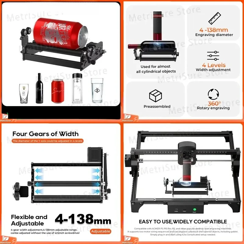 Laser Engraving with Rotary Axis 4-138mm Cylindrical Engraver 360 Degree Rotation Y Axis CNC Router for Wood Metal